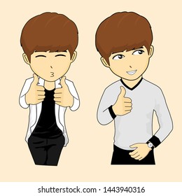 illustrations of korean boy, cute, funny and happy character, with the expression of two thumbs up