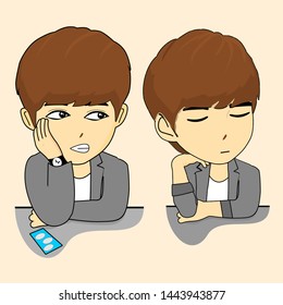 illustrations of korean boy, cute and funny character, with a bored expression