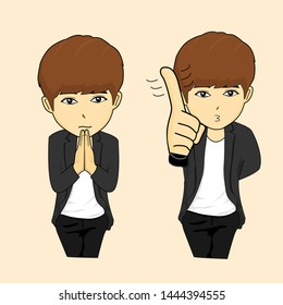 illustrations of korean boy, with the expression of apologize, cute and funny character