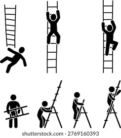 Illustrations of ladder safety and improper use scenarios with people