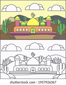 illustrations of landscapes and mosques (masjid) that can be used for coloring purposes for children