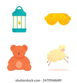 Ilustraciones de una linterna, gafas, oso de peluche y ovejas aisladas en blanco