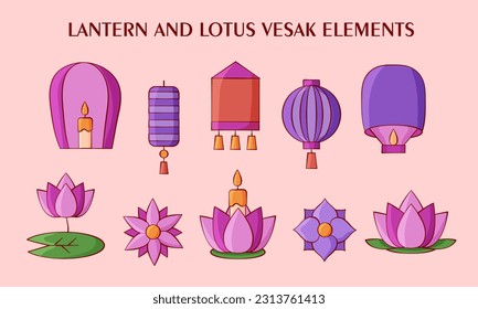 Illustrations of lantern vesak elements collections. Cute character and use saturation color of brown and cream. Perfect for the book cover, T-shirt design and attribute with theme of vesak day.