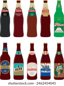 Illustrations of large beer bottle icons of the most famous brands in Peru. Cusqueña, Pilsen Callao, Cristal, Golden, Arequipeña, Pilsen Trujillo and San Juan Beer