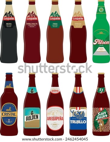 Illustrations of large beer bottle icons of the most famous brands in Peru. Cusqueña, Pilsen Callao, Cristal, Golden, Arequipeña, Pilsen Trujillo and San Juan Beer