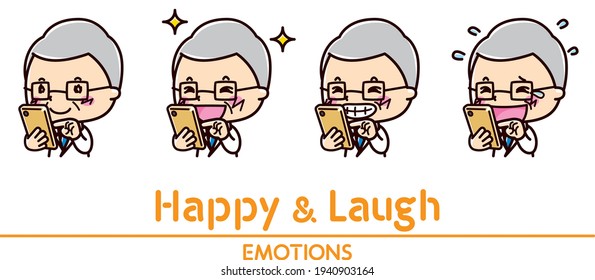Illustrations of laughing facial expressions and happy facial expressions of doctors operating smartphones