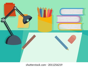 illustrations with learning themes, with table lamps, pencil cases, pencils, erasers, stacks of books and sticky notes