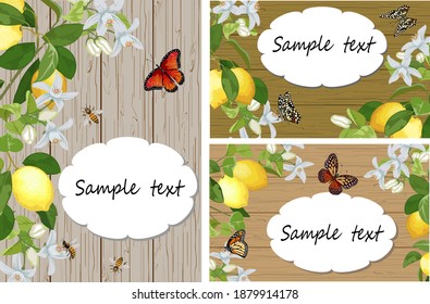 Illustrations with lemons on colored backgrounds.Collection of illustrations with branches of lemons on wooden backgrounds with place for text.