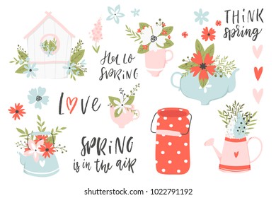 Illustrations and lettering spring set. Spring hand drawn elements- calligraphy, flowers, cups, wreaths, etc. Perfect for web, card, poster, cover, tag, invitation, sticker kit. Vector collection.