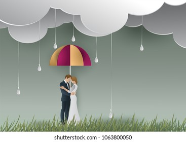 
Illustrations like a happy marriage, with couples standing embraced in grass and colorful umbrellas that protect raindrops. Art paper and digital craft style.