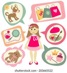 illustrations with little girl. Dreams and hobbies. Different types of activities.