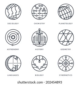 Illustrations and logo templates of fundamental science disciplines, research and education. Social, Chemistry, Astronomy, History, Geometry, Linguistics, Biology, Medicine, Cybernetics.  Vector set.