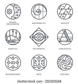 Illustrations and logo templates of fundamental science disciplines, research and education. Language, Biology, Genetics, Physics, Arts, Geography, Mathematics, Philosophy. Detailed vector icons set.