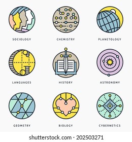 Illustrations and logo templates of fundamental science disciplines, research and education. Social, Chemistry, Astronomy, History, Geometry, Linguistics, Biology, Medicine, Cybernetics.  Vector set.