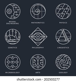 Illustrations and logo templates of fundamental science disciplines, research and education. Language, Biology, Genetics, Physics, Arts, Geography, Mathematics, Philosophy. Detailed vector icons set.