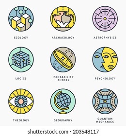 Illustrations And Logo Templates Of Science Areas. Ecology, Archaeology, Astrophysics, Logic, Theology, Psychology, Quantum Physics, Geography, Probability Theory. Detailed Vector Icons Set.