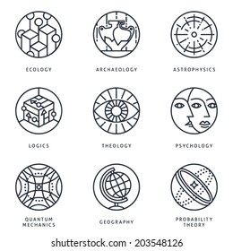 Illustrations And Logo Templates Of Science Areas. Ecology, Archaeology, Astrophysics, Logic, Theology, Psychology, Quantum Physics, Geography, Probability Theory. Detailed Vector Icons Set.