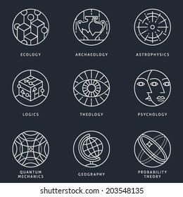 Illustrations And Logo Templates Of Science Areas. Ecology, Archaeology, Astrophysics, Logic, Theology, Psychology, Quantum Physics, Geography, Probability Theory. Detailed Vector Icons Set.