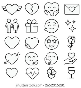 Ilustrações de amor, romance e relacionamentos retratados com ícones minimalistas em preto e branco, imagens vetoriais em estilo de arte de linha que representam o afeto, as emoções e a conexão para o dia dos namorados 
