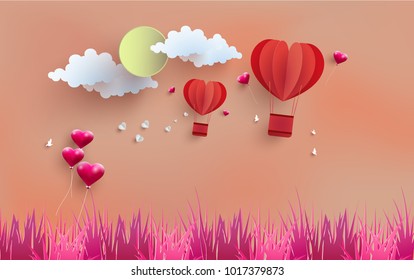 illustrations of love and valentine's day with art paper design. there are hot air balloons crossing the hill. beautiful scenery with paper art design.