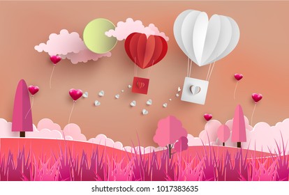 illustrations of love and valentine's day with art paper design. there are hot air balloons crossing the hill. beautiful scenery with paper art design.