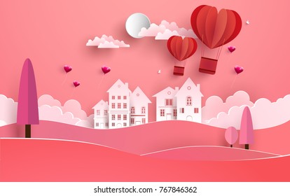 Illustrationen von Liebe und Valentinstag. Beschreiben Sie einen Liebesballon mit einer schönen Form. es gibt schöne Wohnungen. Designpapierkunst und -handwerk