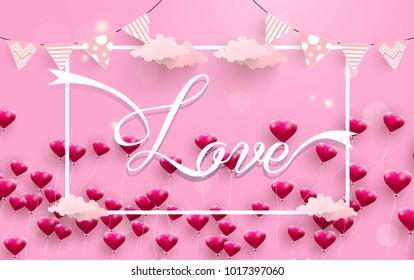 illustrations of love and valentine's day. many balloons are red. There are frame. paper art design