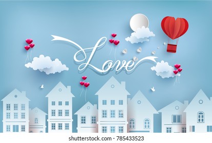 illustrations of love and valentine's day with paper art design. air balloon across the housing. there is love writing and hot air balloon as a symbol of love. happy Valentine