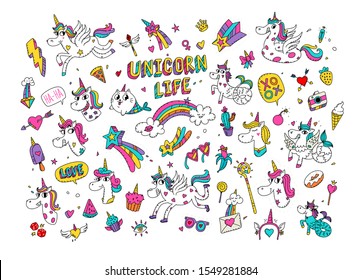Illustrations of a magical unicorn. Vector. Cartoon horse world with a horn. Cat Mermaid. Kawaii characters. Mythical creatures with accessories. The pattern of bright images.