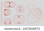 Illustrations of magnetic field lines and orbital paths in red on a white background. Abstract geometric shapes. Modern aesthetics, minimalist art. Vector design for creative cover, poster and ad