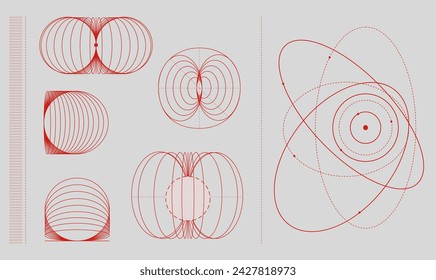 Illustrations of magnetic field lines and orbital paths in red on a white background. Abstract geometric shapes. Modern aesthetics, minimalist art. Vector design for creative cover, poster and ad