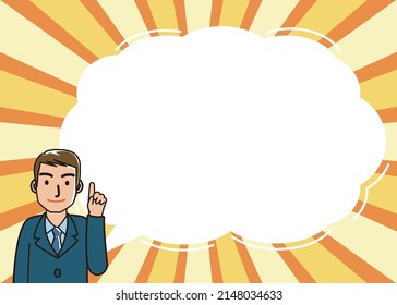 Illustrations of male characters, large speech bubbles, and comment balloons. Concentrated lines, radiation background, background. Banner material