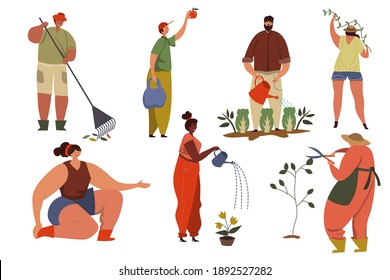 Illustrations of male and female activities which are separated; watering, pruning, fruit picking.