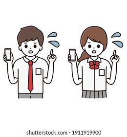 Illustrations of male and female students explaining with a smartphone while having trouble