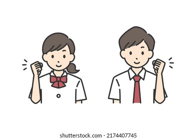 Illustrations of male and female students in guts pose (summer clothes).