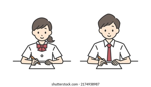 Illustrations of male and female students studying (summer clothes).