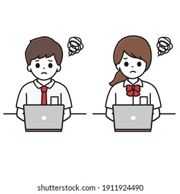 Illustrations of male and female students in trouble in front of a computer