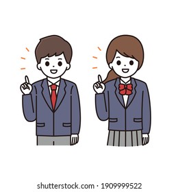 Illustrations of male and female students in uniforms explaining the points with a smile