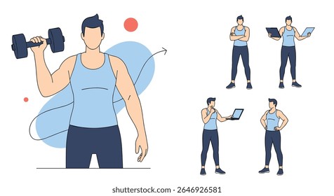 Illustrations of a Man Exercising and Working on a Laptop Demonstrating Healthy Lifestyle Choices