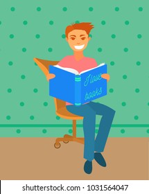 Illustrations of a man sitting and reading a book near bookshelf