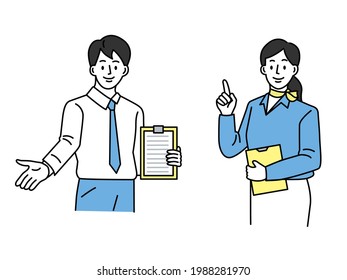 Illustrations of man and woman  representing points, attention, and presentations business, clicks, checks, ideas, discoveries, service