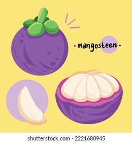 Ilustraciones del conjunto de frutos mangostinos de colección de ilustraciones vectoriales. Frutos morados sanos llenos de vitaminas dibujando con dibujos animados de estilo de arte plano, aislados en fondo amarillo plano.