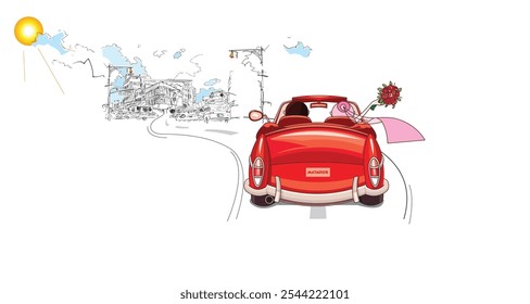 illustrations of many cartoon characters in a red car.red car illustration in the city road. for tshirt, banner, poster