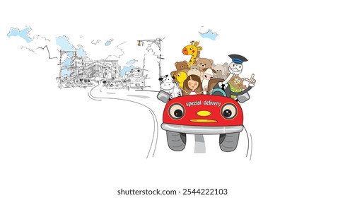 illustrations of many cartoon characters in a red car.red car illustration in the city road. for tshirt, banner, poster