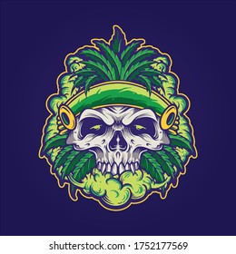 Illustrations marijuana leaf skull with smoke for logo mascot Merchandise