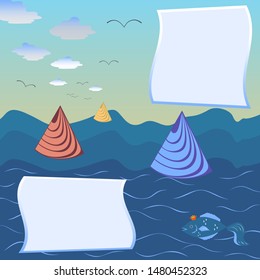 Illustrations of marine nature using empty frames and abstract illustrations of geometric shapes, goldfish in the sea and birds flying in the clouds