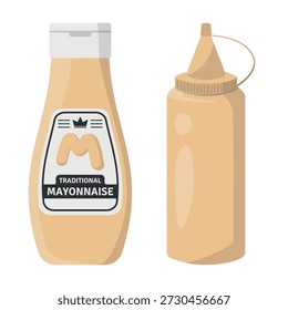 Ilustraciones de Mayonesa Embalaje, incluyendo una Botella Tradicional y una Botella de Exprimir. ideal para Comida y Comida Rápida Temas. Diseño plano, Vector.