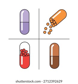 Ilustrações de cápsulas médicas. Pílulas farmacêuticas vetoriais, cápsulas abertas com grânulos, e pílulas inteiras para a saúde e medicina.