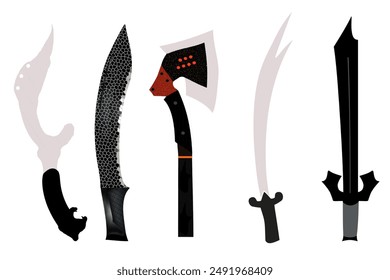 Illustrations of melee weapons used for war and also survival with each different form.