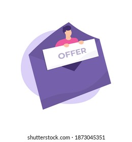 illustrations of men appearing from inside letters carrying or holding bidding boards. concept email information, email offers, advertising promotions. flat style. design elements